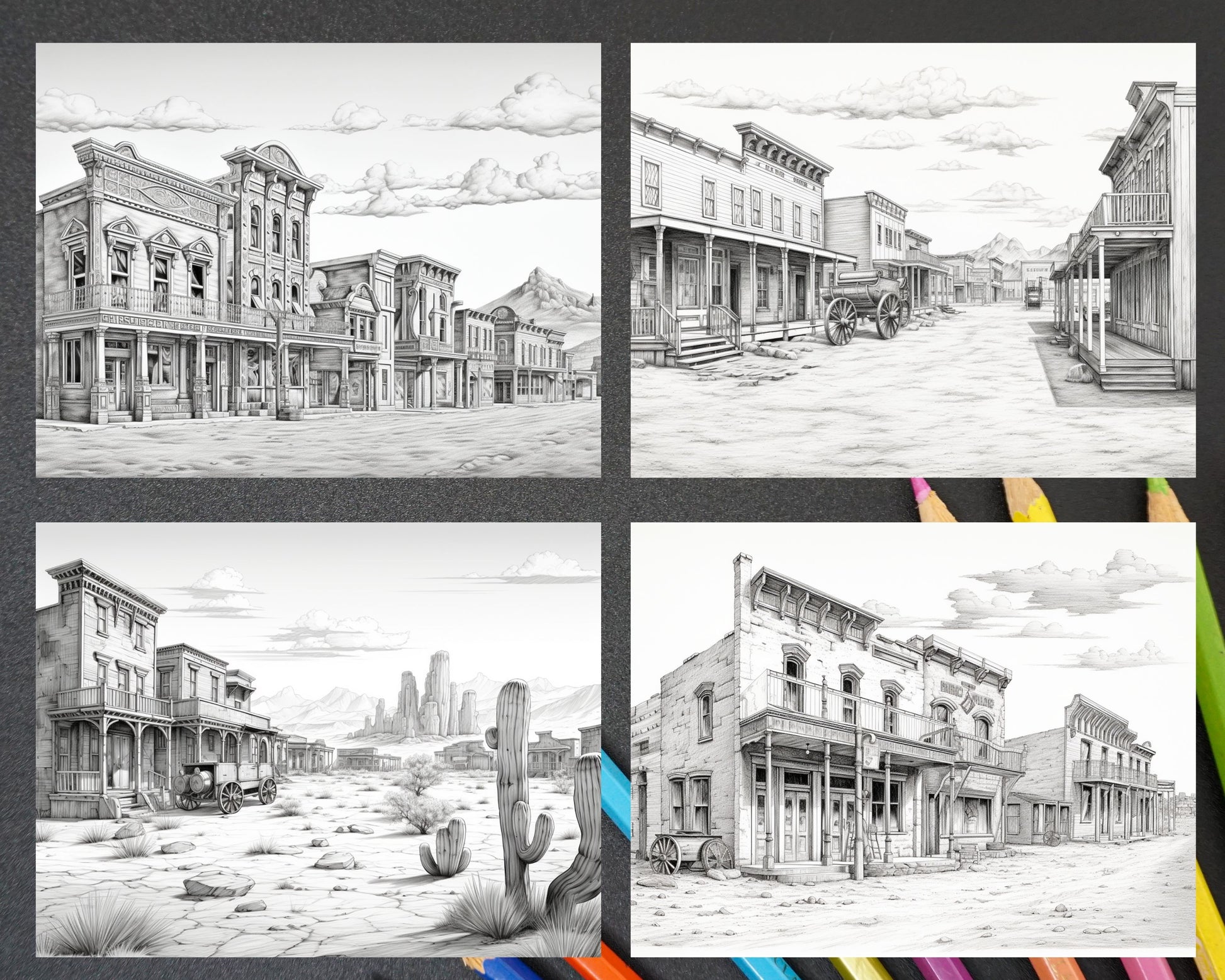 Wild west towns grayscale coloring pages printable for adults pdf â coloring