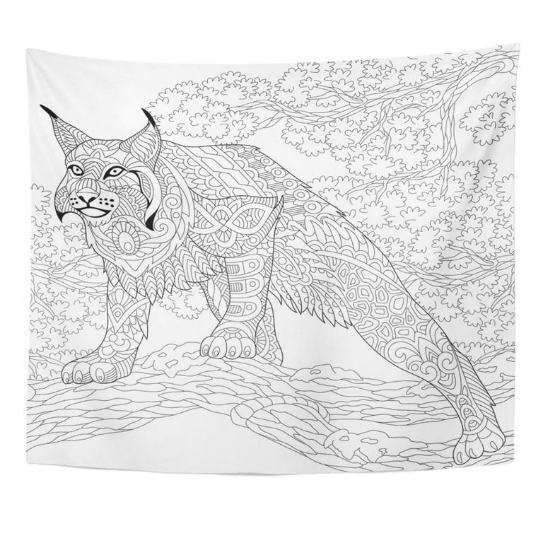 Zealgned hunting wildcat lynx bobcat ready to attack freehand sketch for adult anti stress coloring book page wall art hanging tapestry home decor for living room bedroom dorm x inch