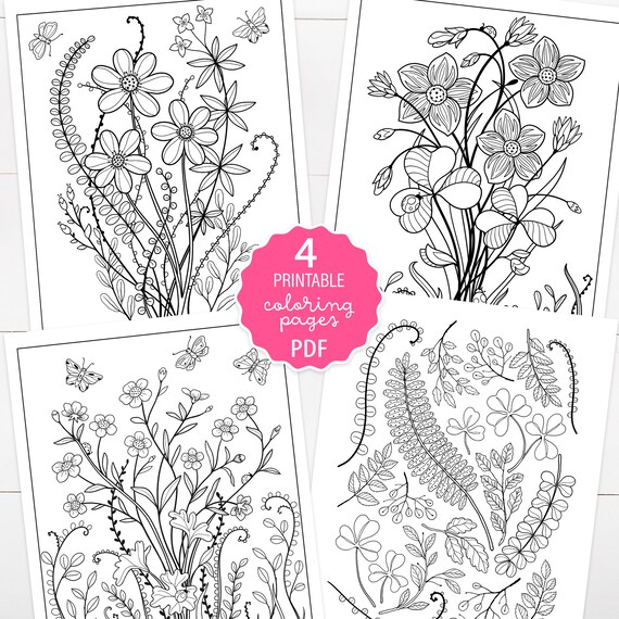 Wildflowers and fern coloring page set of printable forest wildflower botanical coloring sheets adult coloring coloring pages