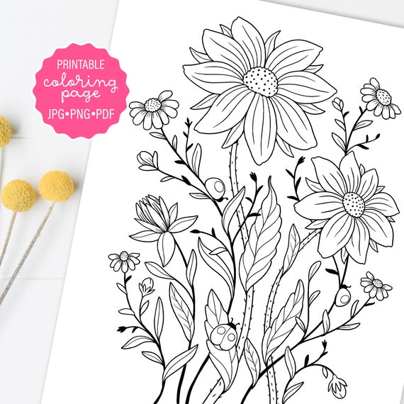 Wildflowers coloring page flowers and ladybugs botanical coloring sheet meadow floral adult coloring printable or digital