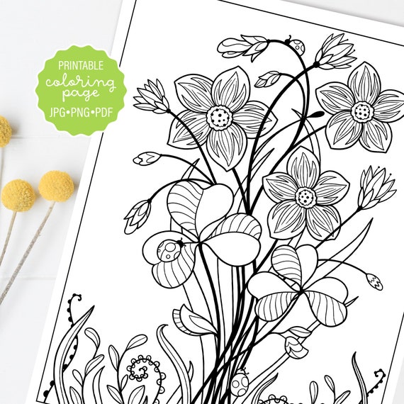 Wildflower coloring page spring flower botanical coloring sheet adult coloring floral coloring printable or digital