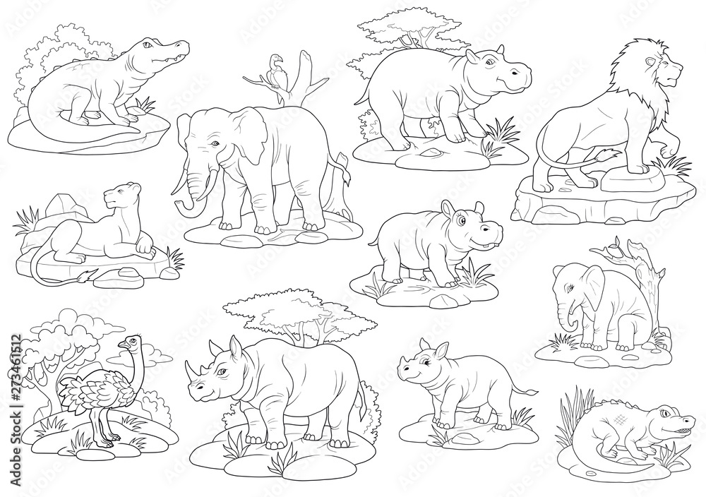 Africa wild animals coloring book set of images illustration