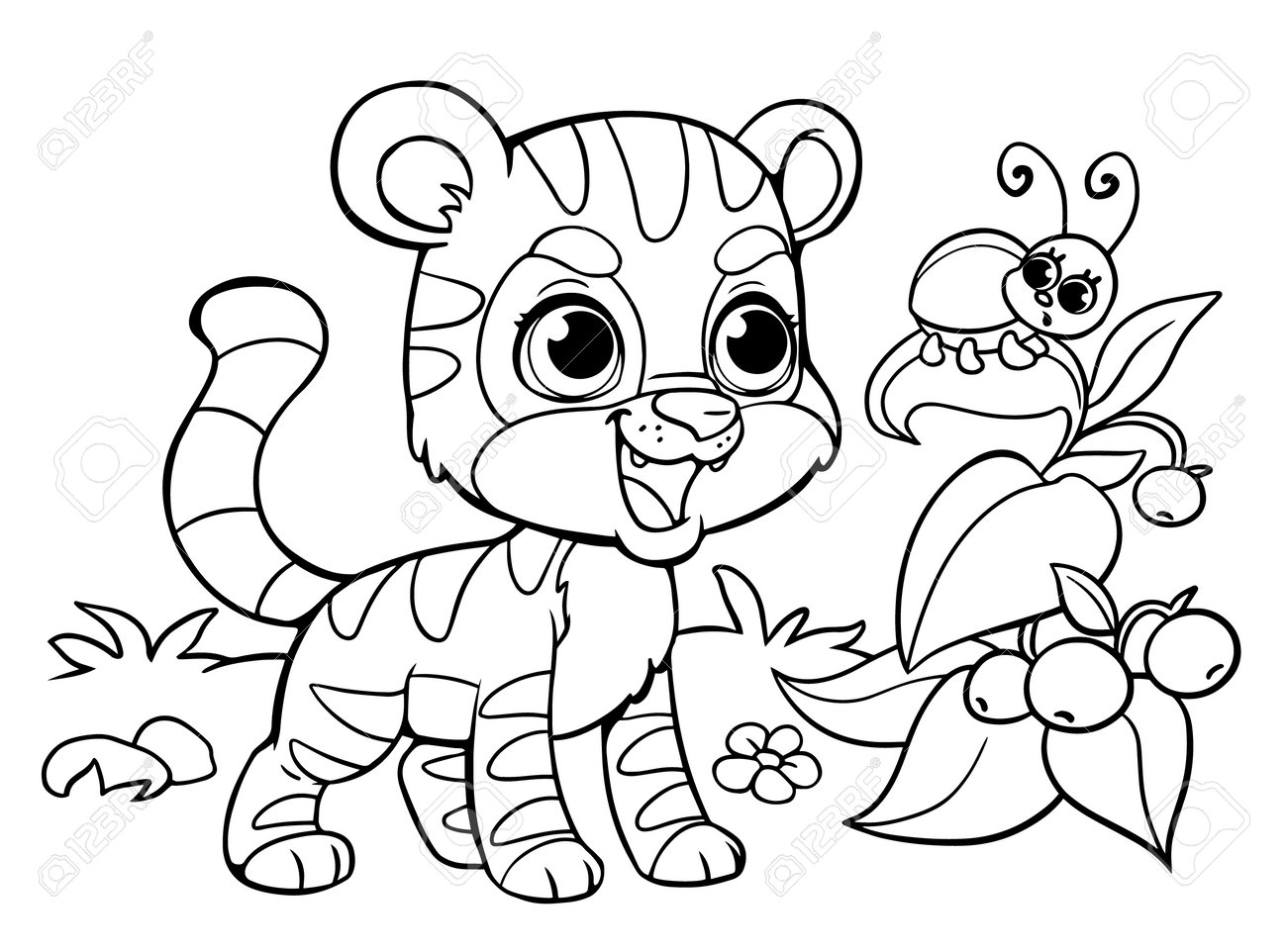 Coloring pages tiger and beetle on the bush wild animals smiling wild african beast educational developmental lesson a task waiting for preschoolers black and white royalty free svg cliparts vectors and stock