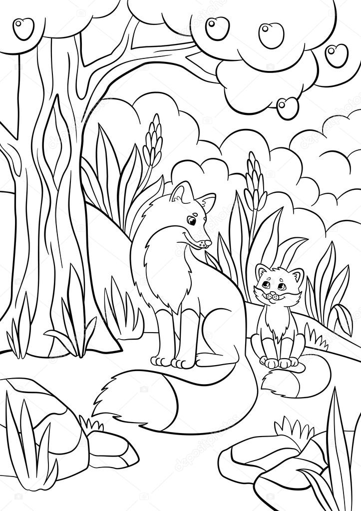 Coloring pages wild animals mother fox with her little cute baby fox in the forest stock vector by ya