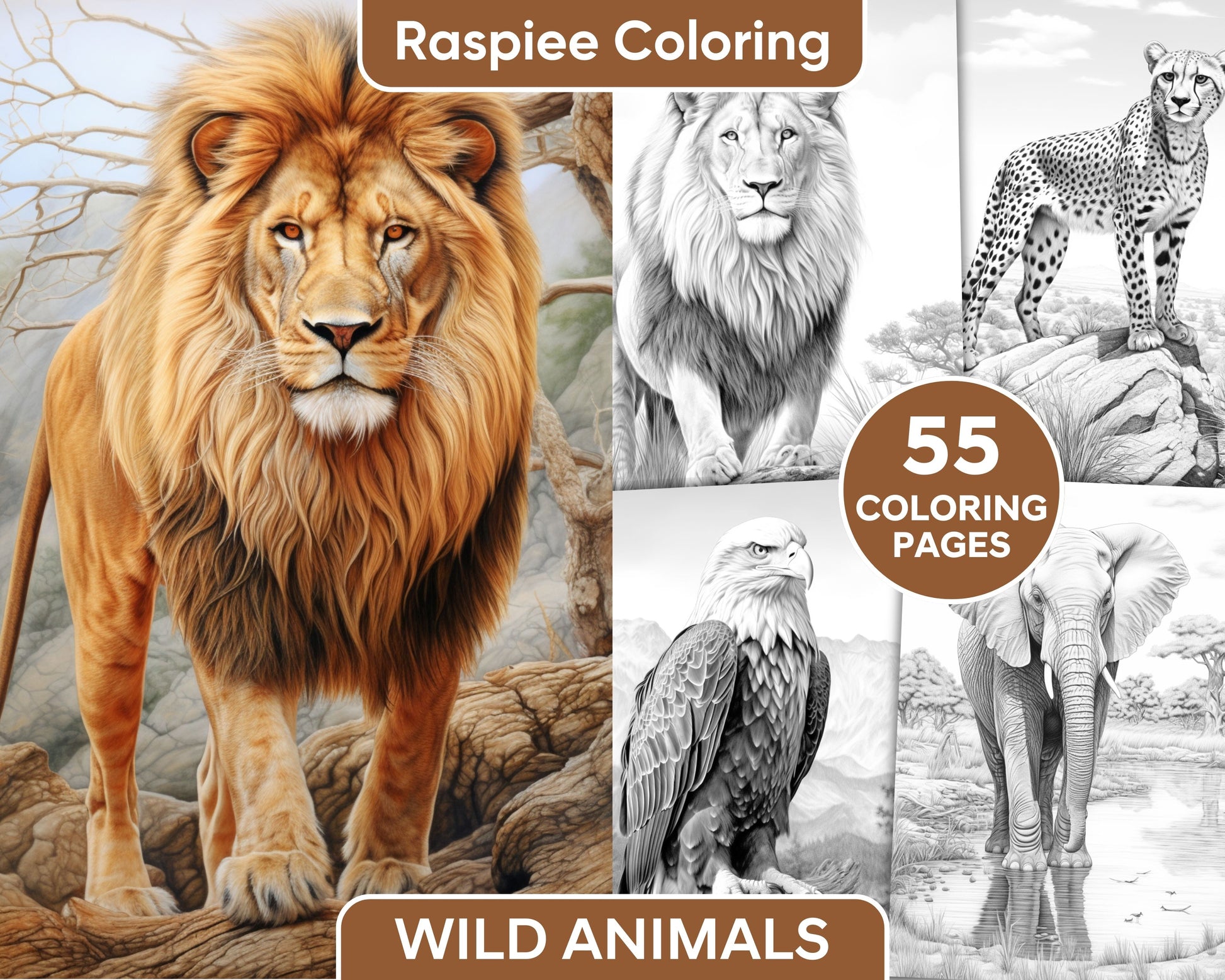 Wild animals grayscale coloring pages for adults printable pdf ins â coloring