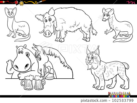 Cartoon wild animal characters set coloring page