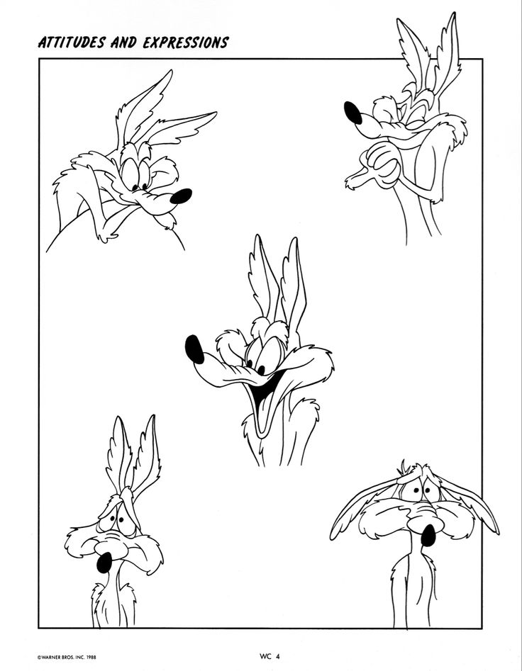 Wile e coyote attitudes and expressions cartoon sketches art logo coyote