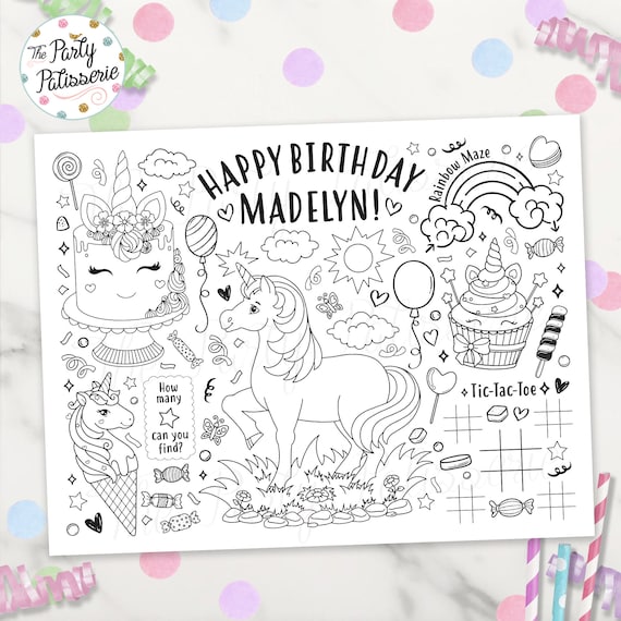 Unicorn coloring placemat unicorn party girly party printable custom pj party sleepover party