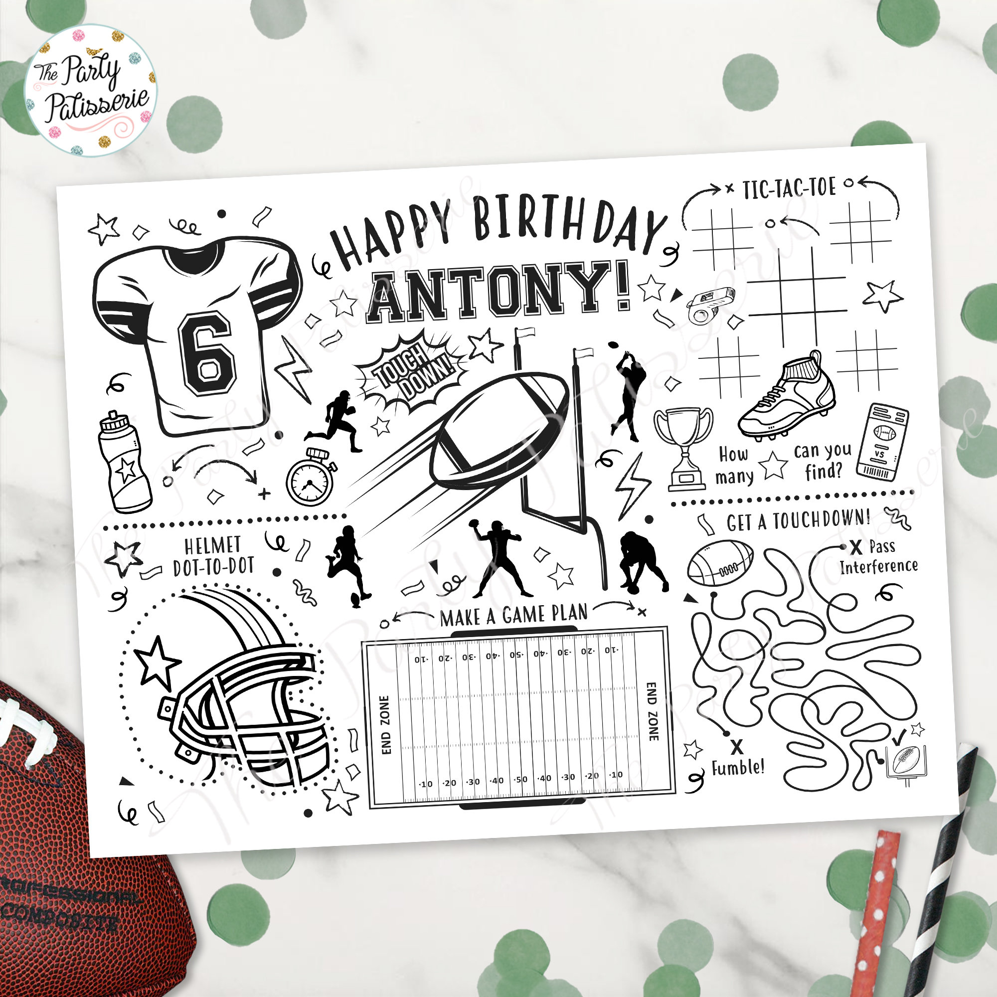 Football coloring placemat football birthday personalized digital file printable custom activity mat