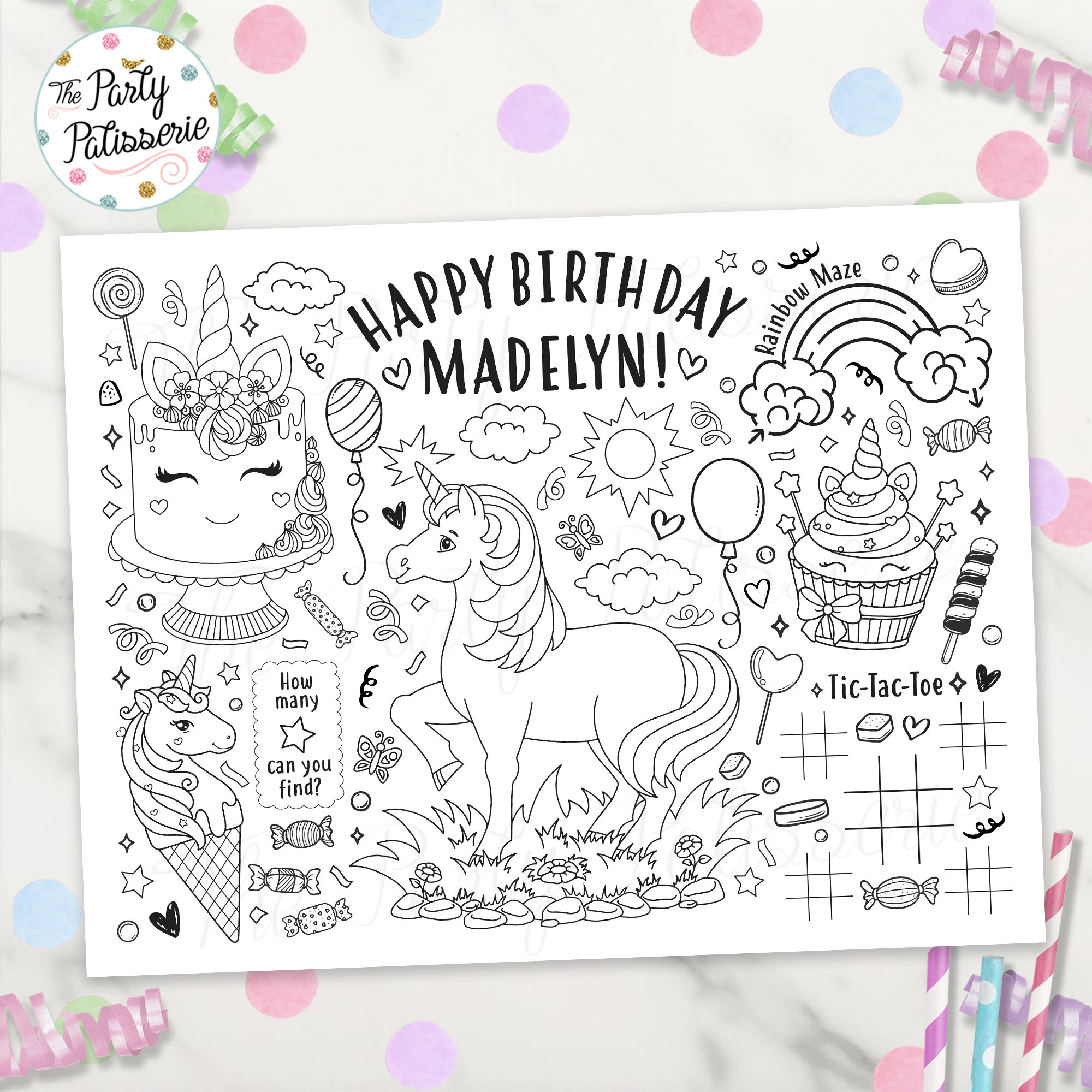 Unicorn coloring placemat unicorn party girly party printable custom pj party sleepover party