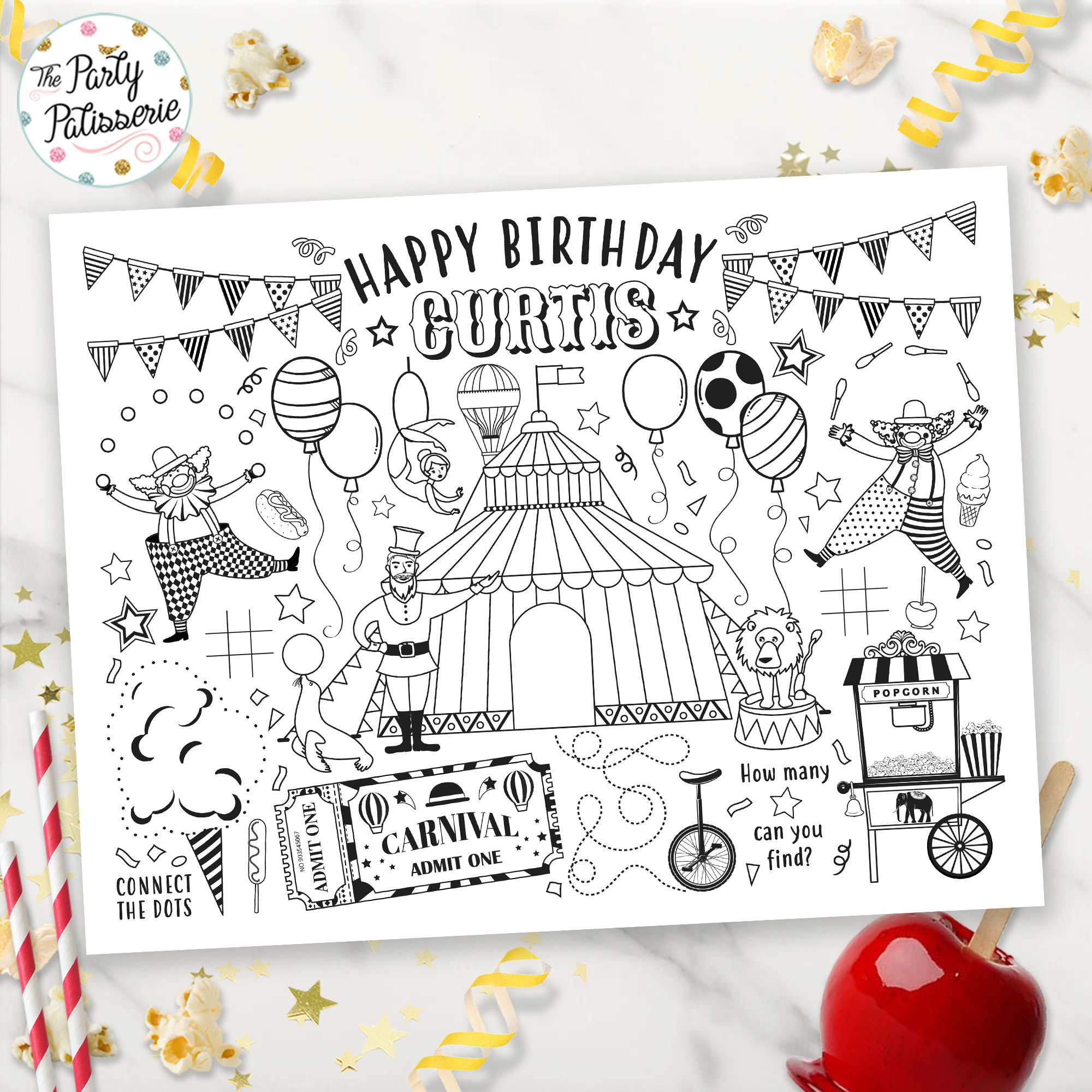 Digital circus coloring placemat carnival placemat personalized custom circus party game circus birthday party activity mat