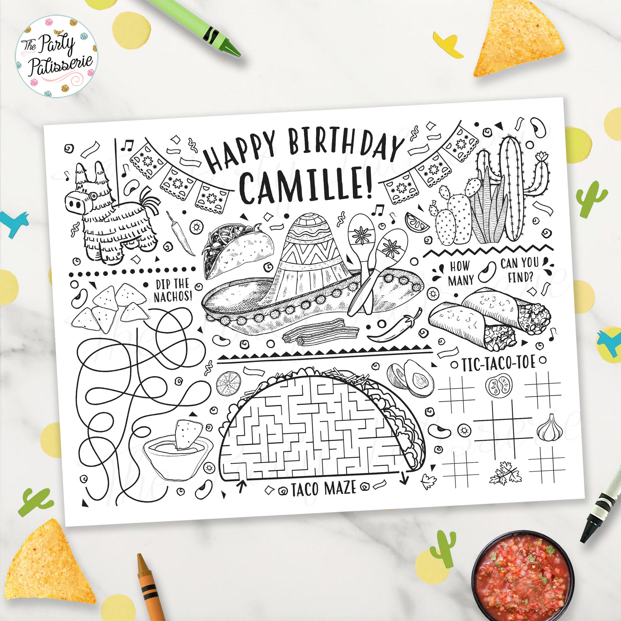 Taco coloring placemat taco party personalized digital file printable custom cooking party mexican food sleepover activity mat