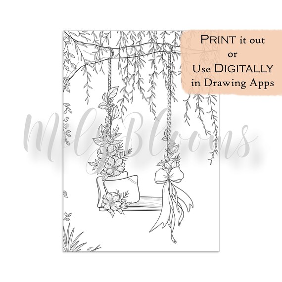 Printable and digital coloring page for adults swing at the willow tree romantic scene with and without background