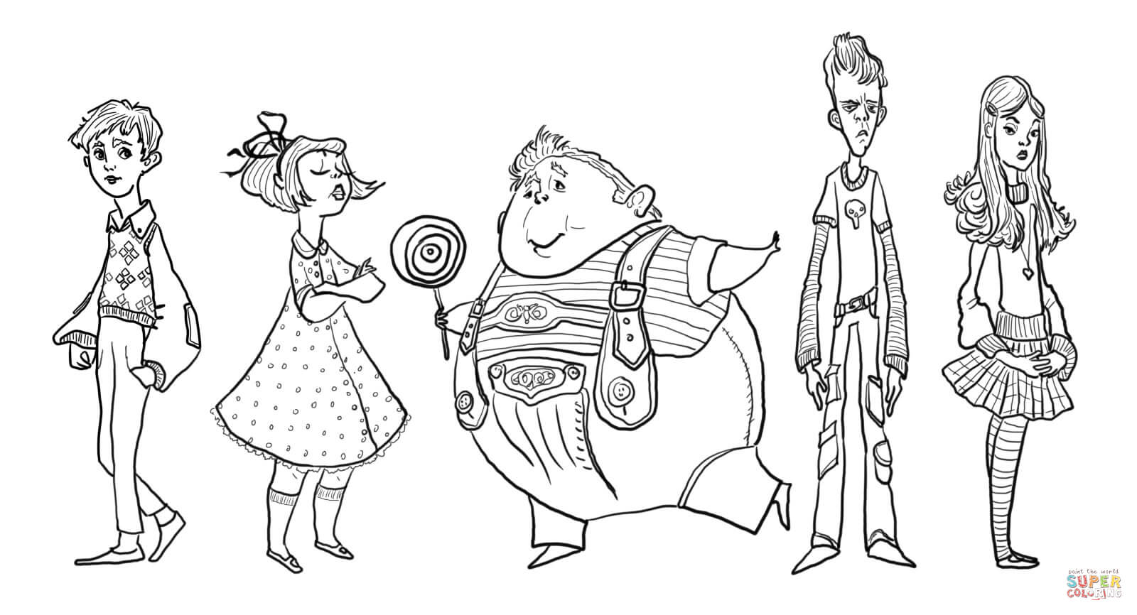 Charlie bucket violet beauregarde augustus gloop mike teavee and veruca salt coloring page free printable coloring pages