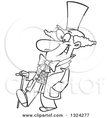 Lineart clipart of a cartoon black and white happy man willy wonka walking with a cane