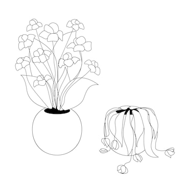 Premium vector pot of flowers pot of wilted flowers black and white illustration line isolated