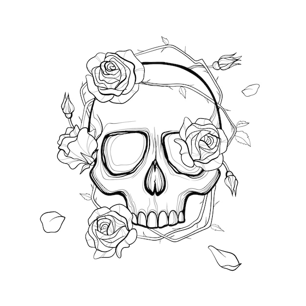 Premium vector black outline drawing of a skull in vector skull with flowers mexican charepa day of the dead dra