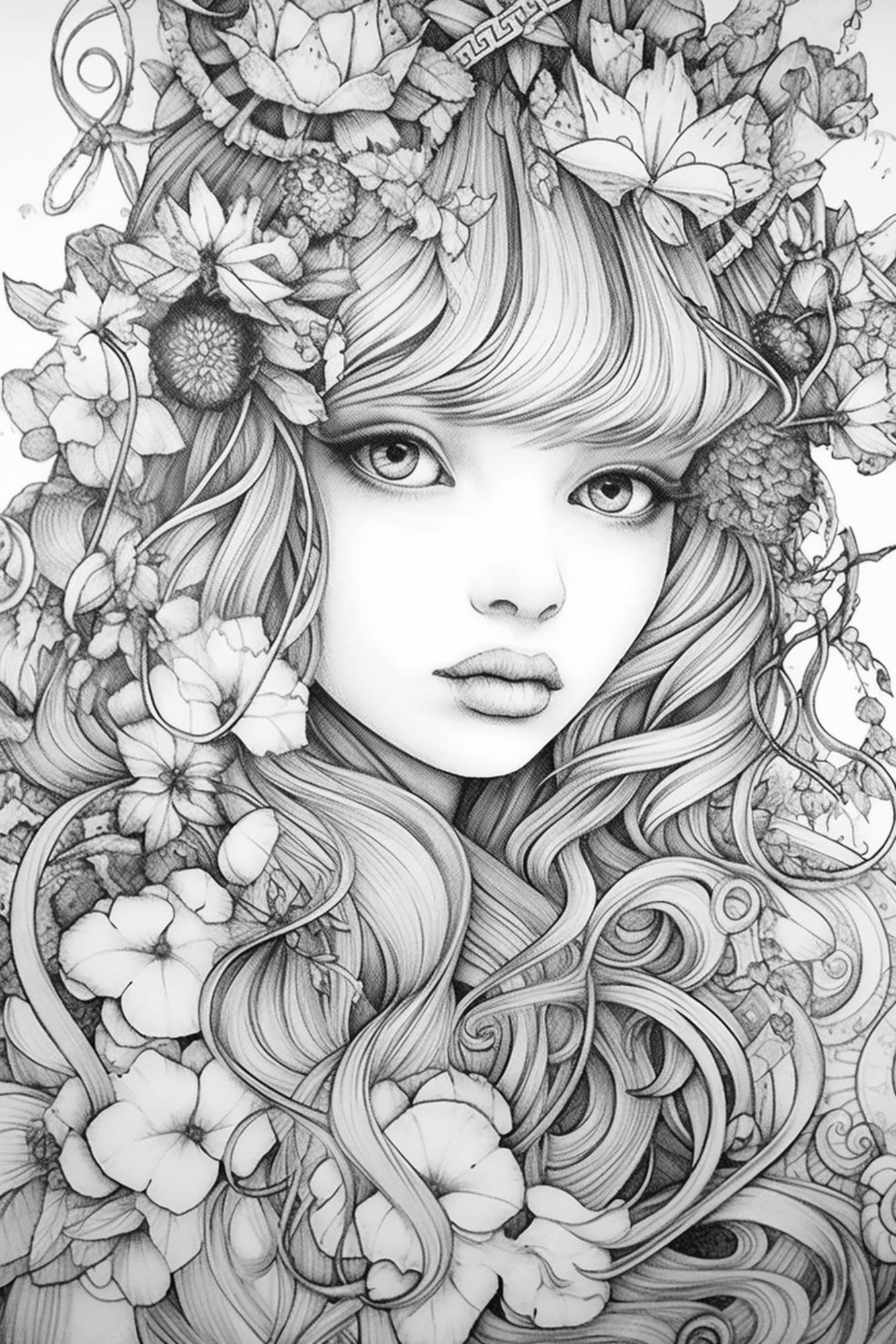 Premium photo a drawing of a girl with flowers and leaves