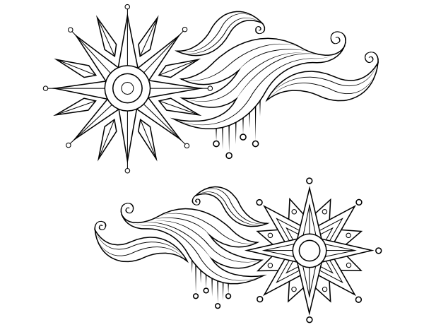 Printable celestial star and wind coloring page