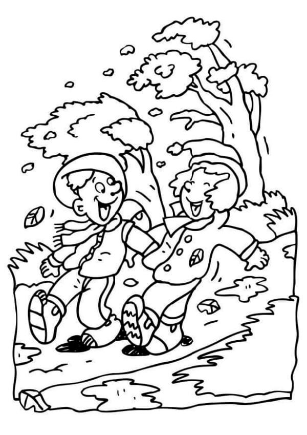 A strong wind carries the children away coloring page