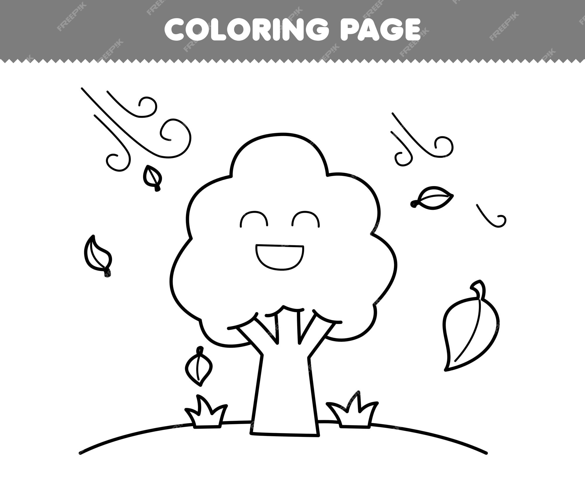 Premium vector education game for children coloring page of cute cartoon tree and leaves blowing in the wind line art printable nature worksheet