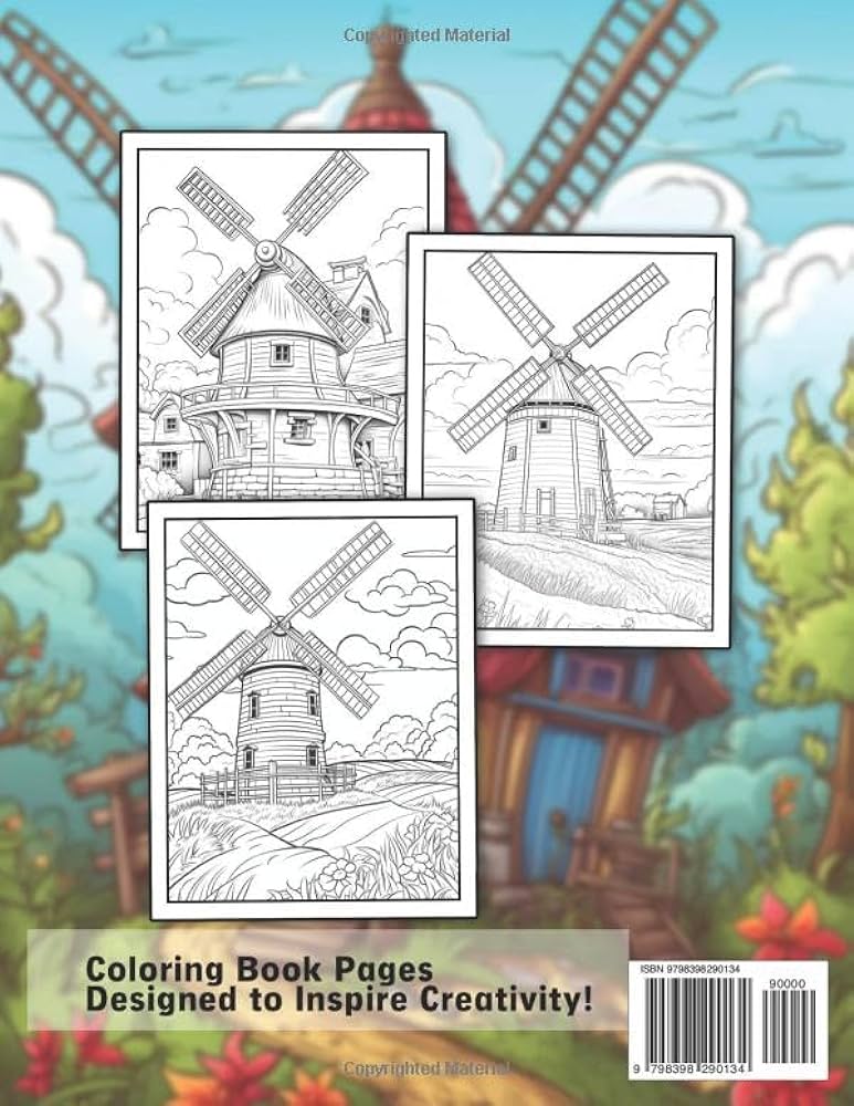 Windmill coloring book unleash your creativity with coloring pages featuring delightful windmills in picturesque rural settings han domez books