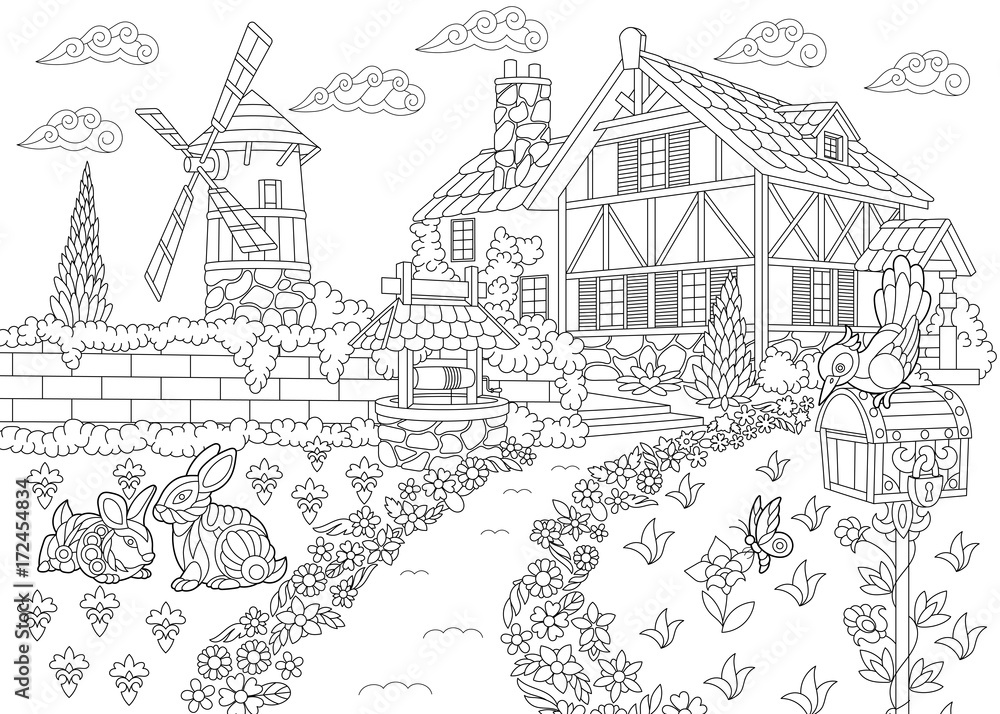 Coloring page of rural landscape farm house windmill water well mail box rabbits and woodpecker bird freehand sketch drawing for adult antistress coloring book in zentangle style vector