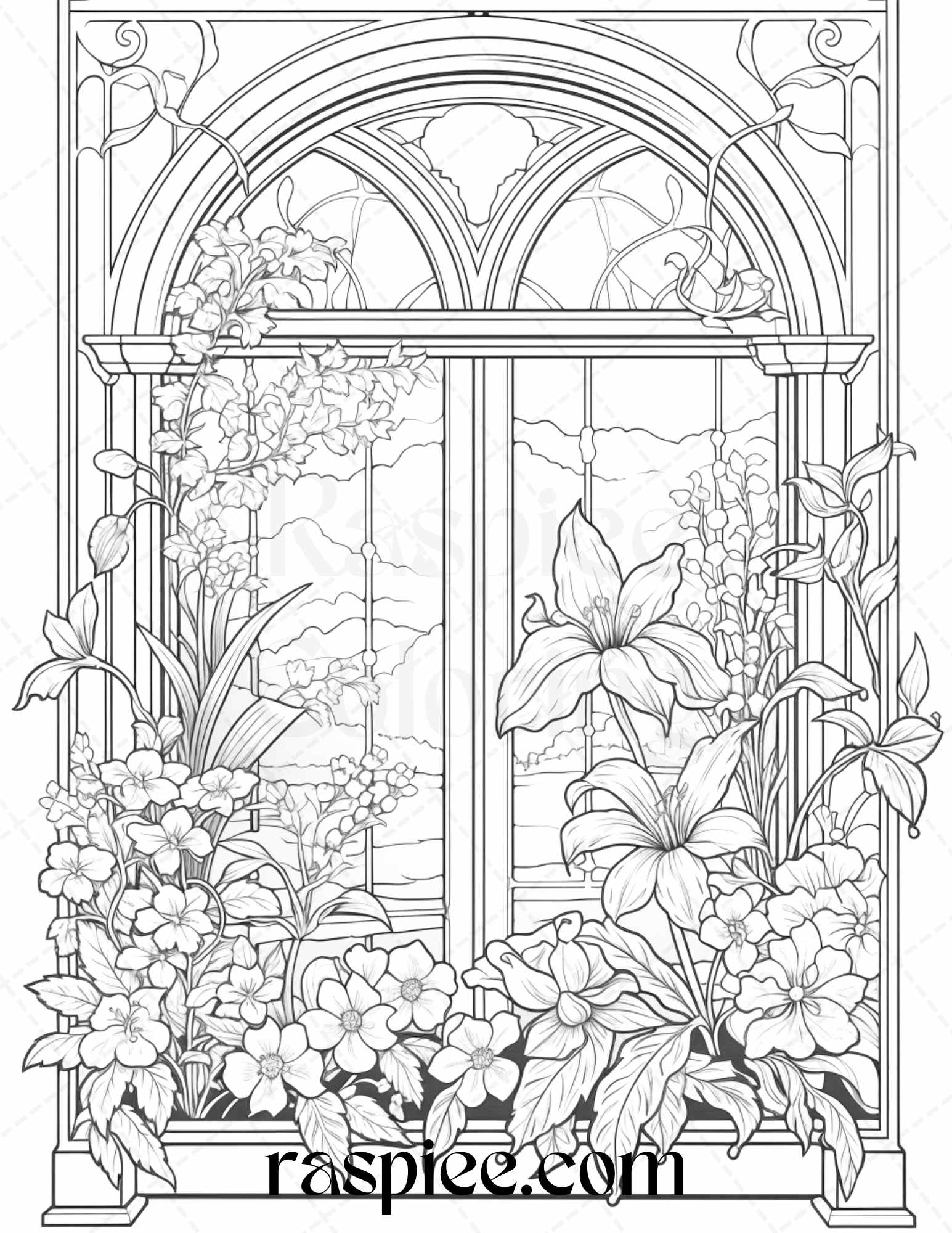 Blooming windows grayscale coloring pages printable for adults pdf â coloring