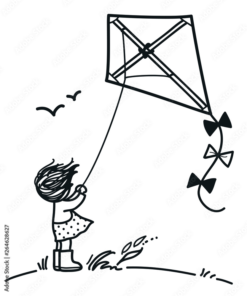 Little girl on a hill flying a kite on a windy day with windswept hair cute