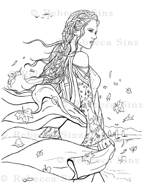 Coloring page printable gothic witch beautiful woman sea shore dress fantasy art adult coloring instant digital download line art printable download now