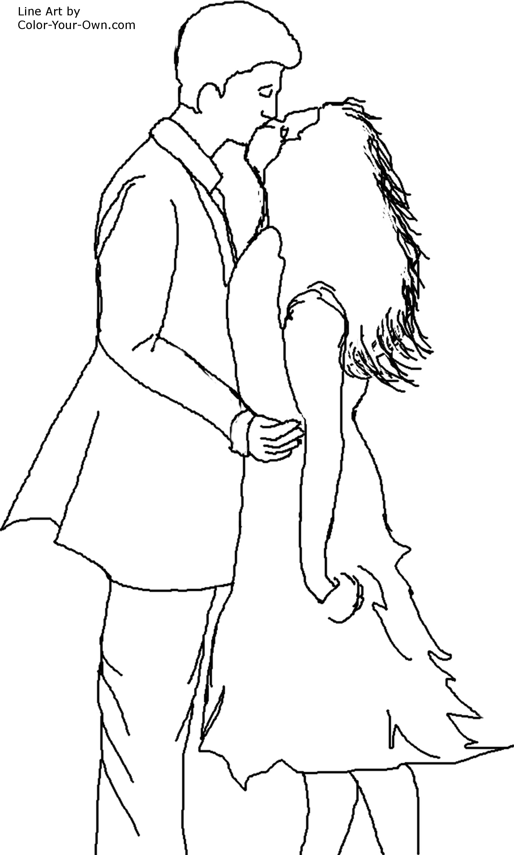 Valentine windswept couple kiss coloring page