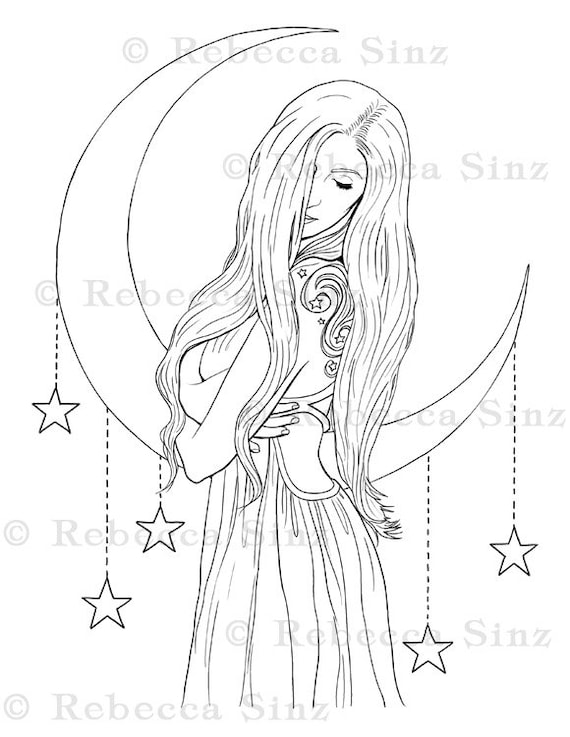 Coloring page printable gothic crescent moon stars celestial goddess fantasy art adult coloring instant digital download line art printable