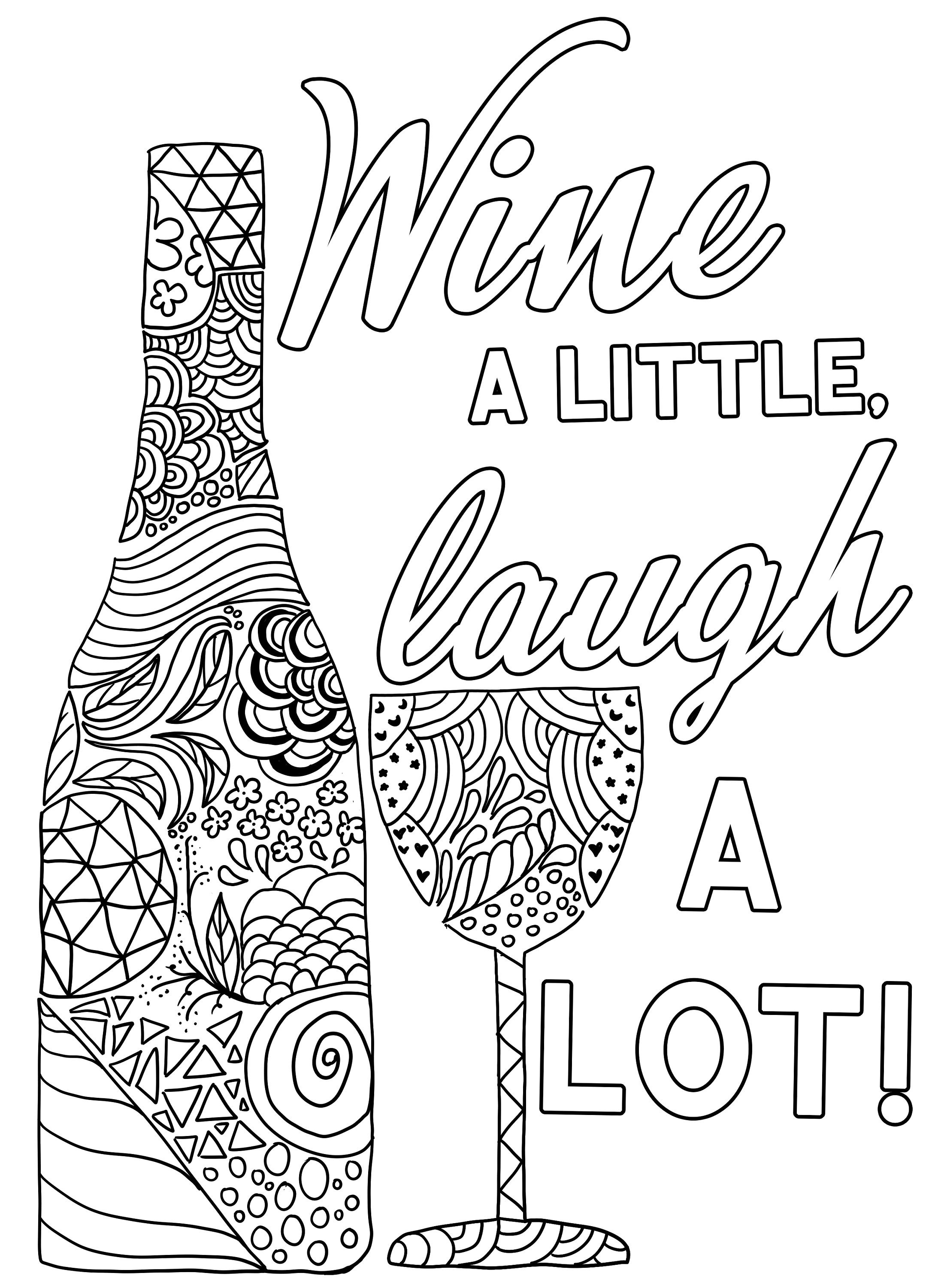 Wine a little laugh a lot coloring page digital download pdf grapes wine bottle wine glass