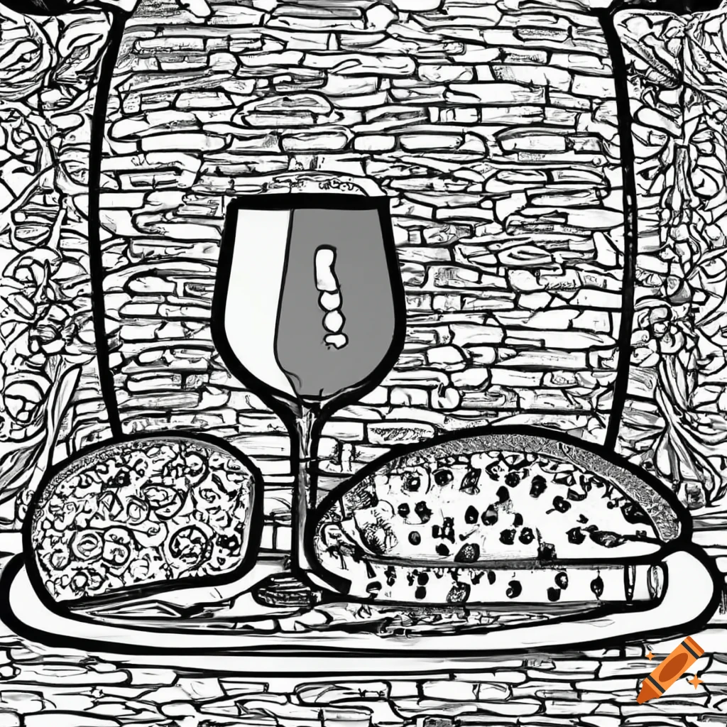 Black and white coloring page of wine and bread on