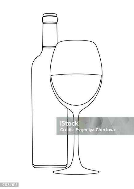 Bottle of wine and wineglass vector outline drawing contour picture coloring sketch icon logo sign emblem black and white illustration isolated on white stock illustration