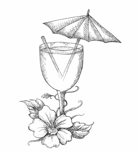 Coloring page printable download cocktail and umbrella hand drawn coloring sheet instant download letter size pdf