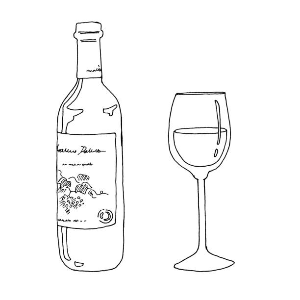 Line drawing of wine bottle and glass stock illustration