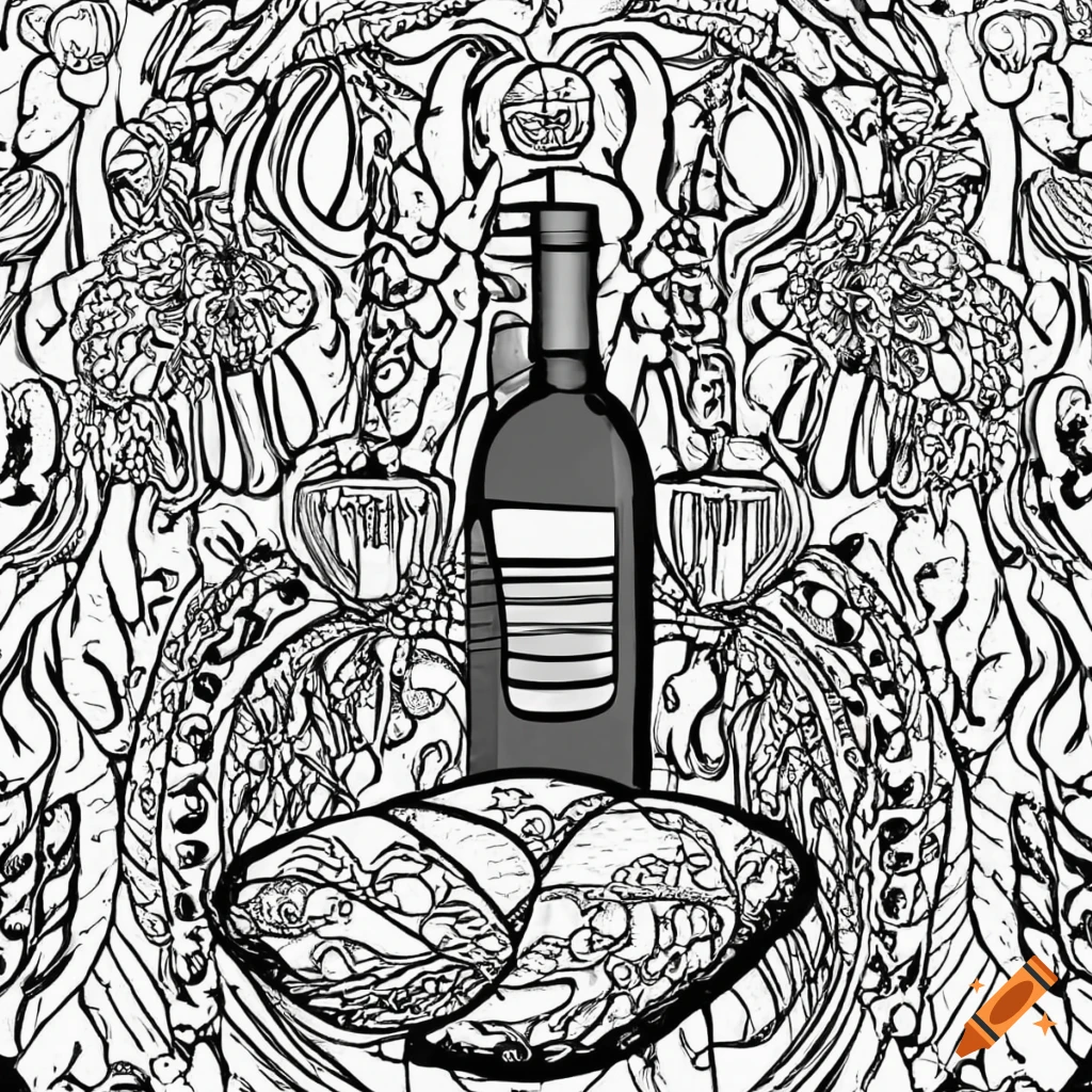 Black and white coloring page of wine and bread on