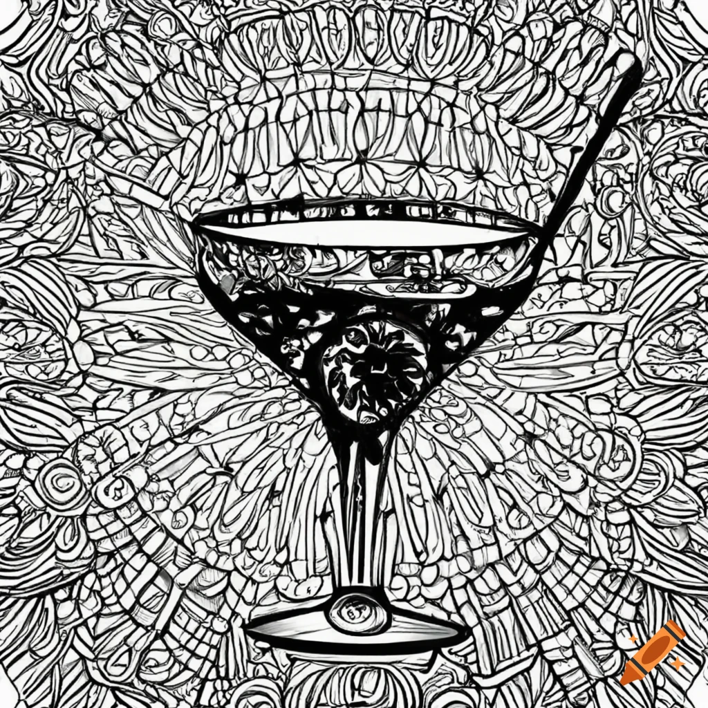 Coloring book page for adults cocktail no shading low detail cartoon style black and white on