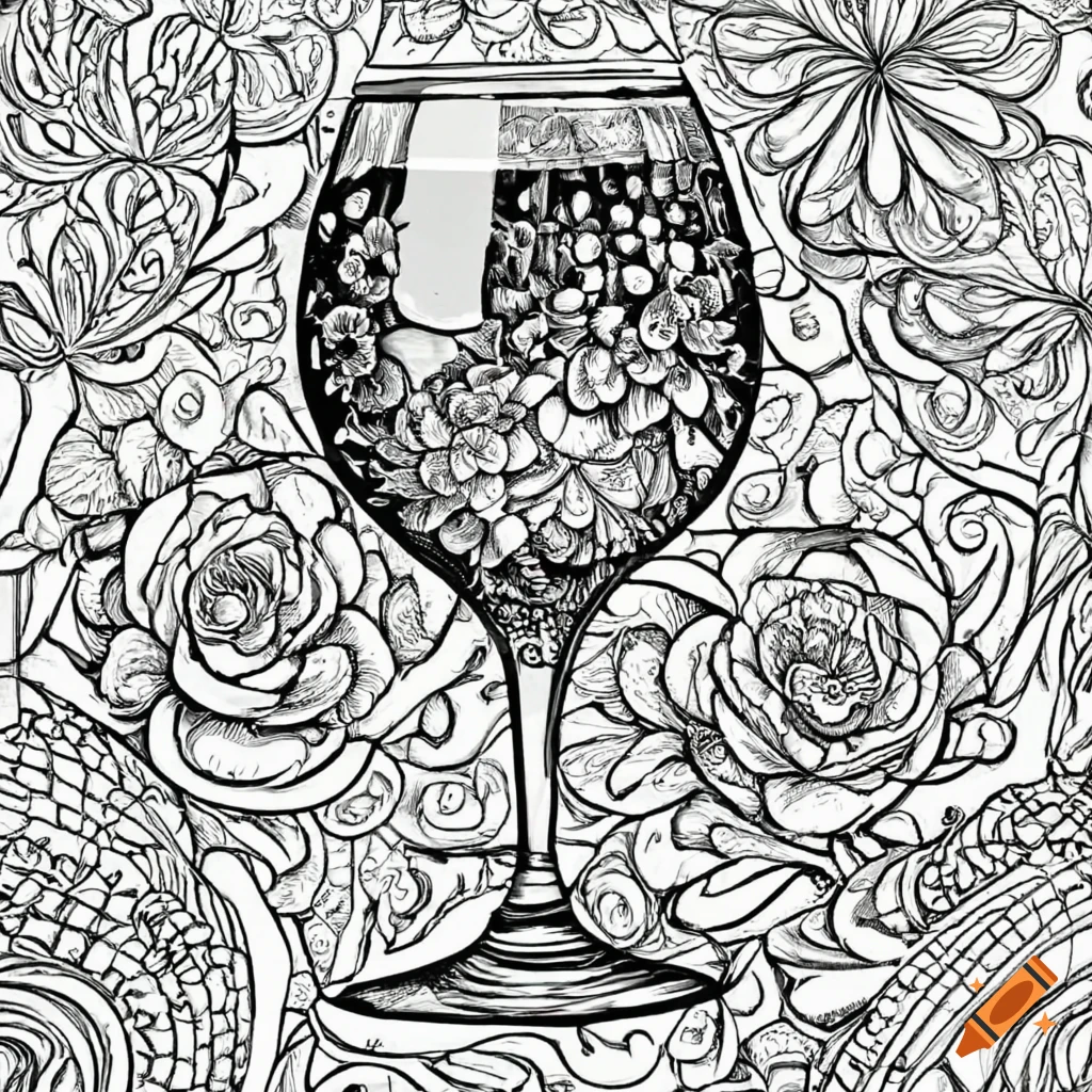 An artistic coloring sheet featuring a glass of wine with a garden on