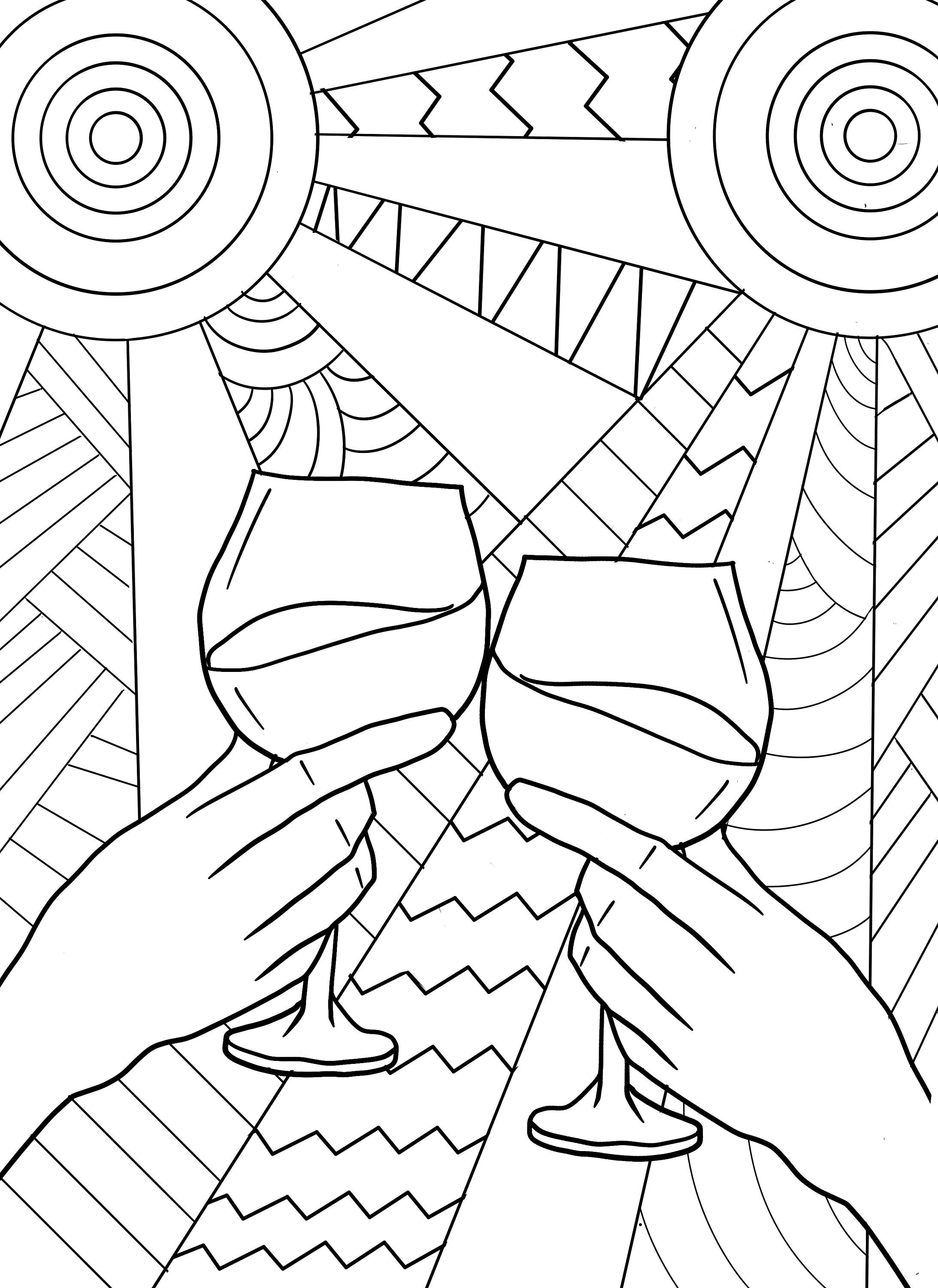 Wine toast at sunset coloring page digital download pdf wine glasses sun toast download now