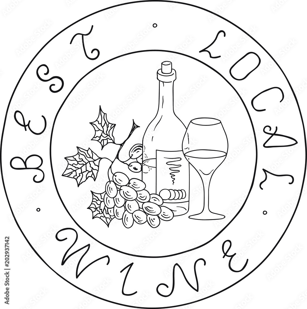 Hand drawn doodle sketch line art vector illustration of stamp with bottle glass bunch of grape and best local wine lettering unique emblem poster banner black outline design element template vector