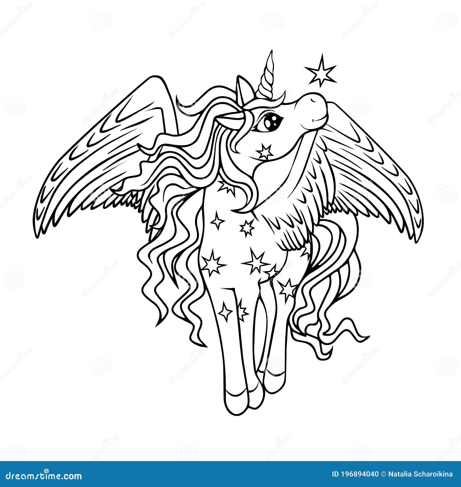 Cute magical winged unicorn with stars black outline coloring stock illustration