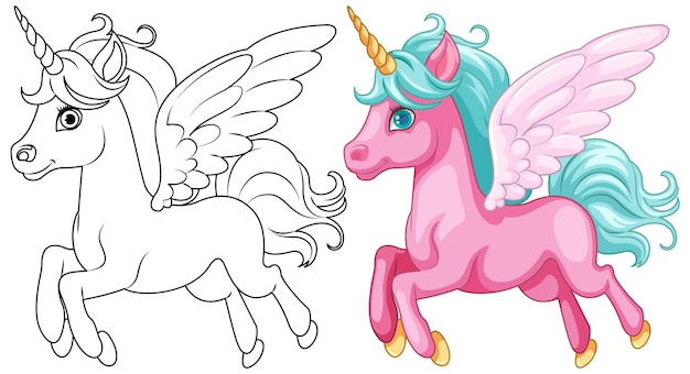 Free vector coloring page of cute unicorn with wings