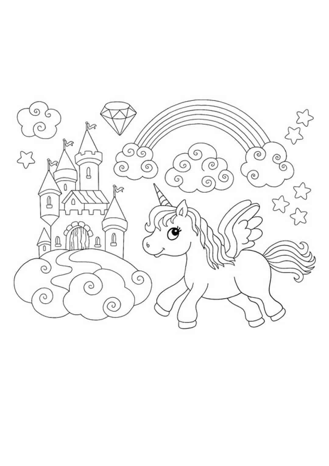 Unicorn and castle flying coloring page