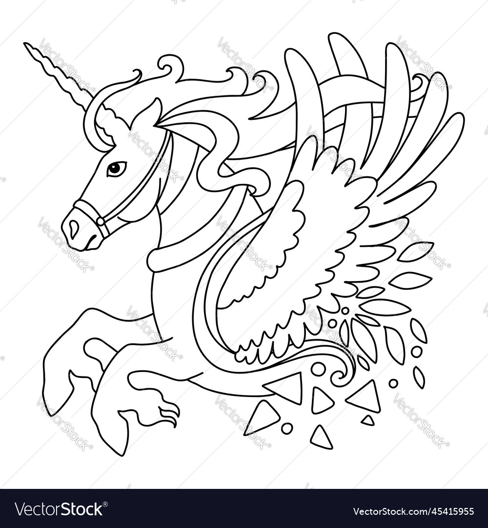 Magic winged unicorn coloring template royalty free vector