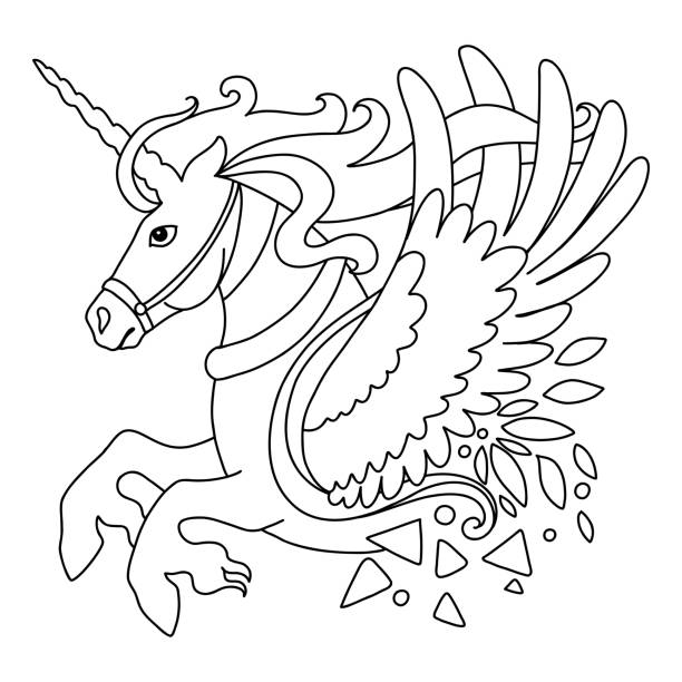 Magic winged unicorn coloring template vector illustration stock illustration