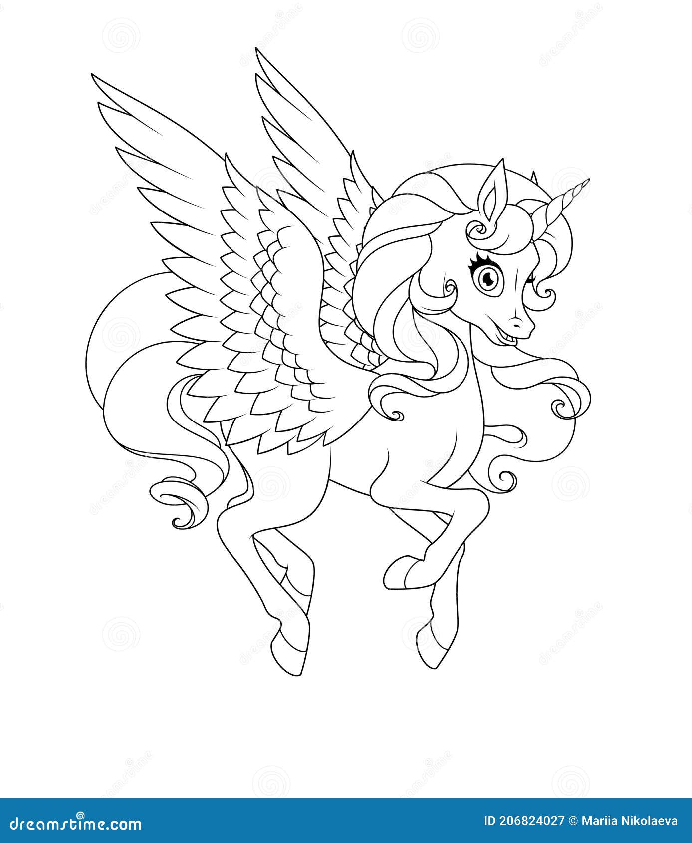 Beautiful flying winged unicorn vector coloring page stock illustration