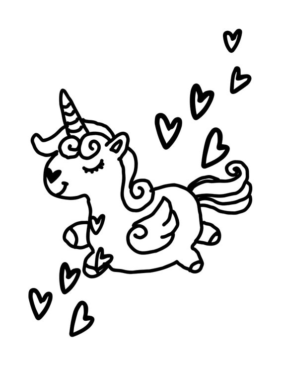 Unicorn with wings and hearts coloring page instant download