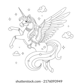 Beautiful unicorn pegasus drawing coloring page stock vector royalty free